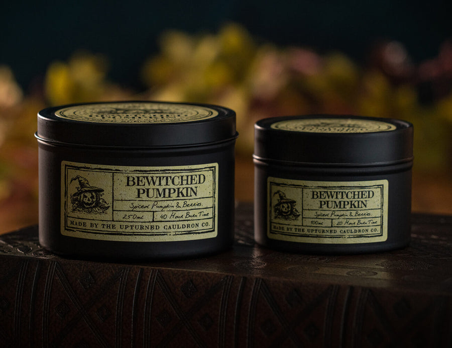 Witchcraft themed Pumpkin scented black tinned soy wax candle