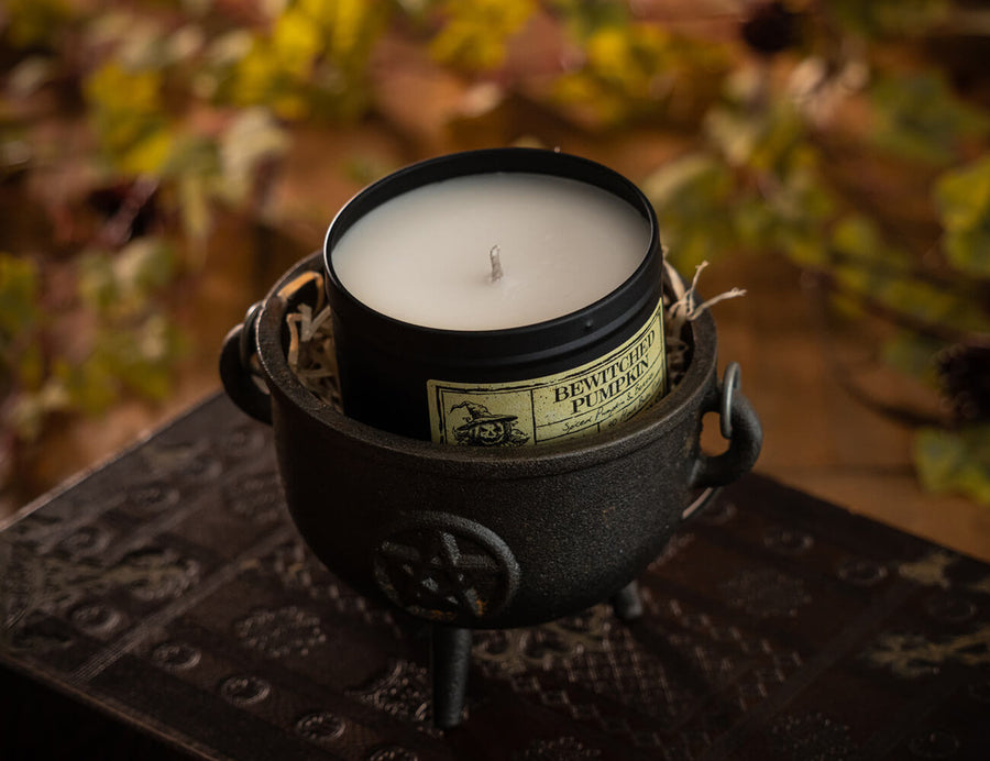 Witchcraft themed Pumpkin scented black tinned soy wax candle