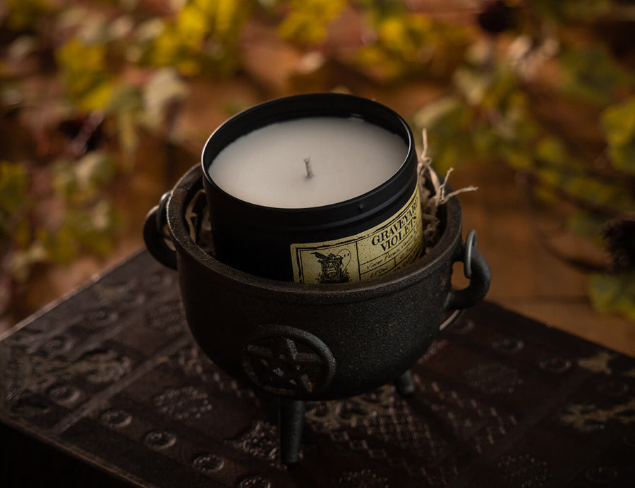 Witchcraft themed Parma Violets scented black tinned soy wax candle