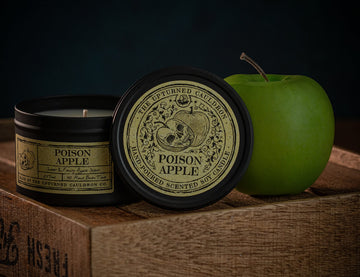 Witchcraft themed Apple scented black tinned soy wax candle