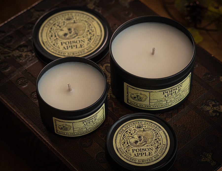 Witchcraft themed Apple scented black tinned soy wax candle