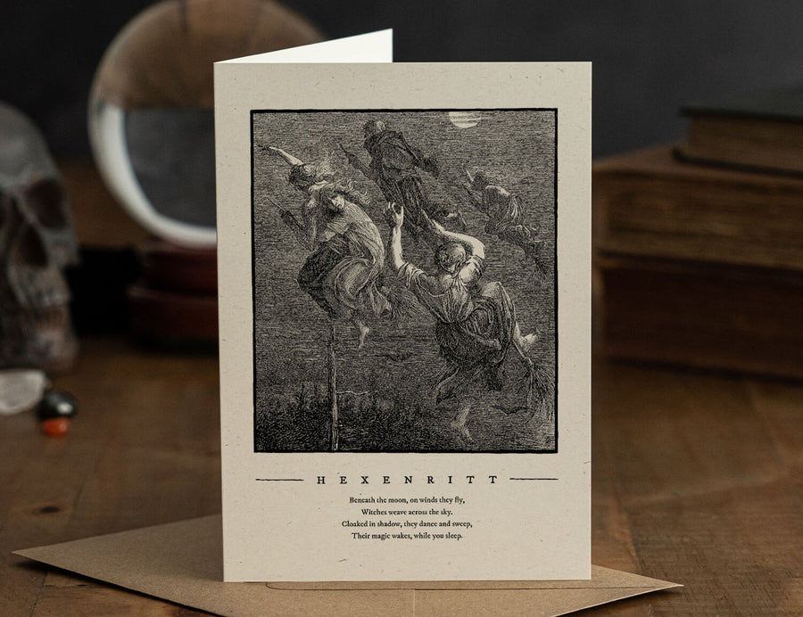 Witchcraft greeting card, witches on broomsticks